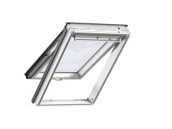 Fenêtre de toit à projection en bois 55 cm x 118 cm Bois de pin peint en blanc Profilés extérieurs en aluminium Vitrage double Thermo 1  