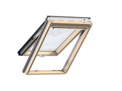 Fenêtre de toit à projection en bois 55 cm x 98 cm Bois de pin verni transparent Profilés extérieurs en zinc-titane Vitrage double Thermo 1  